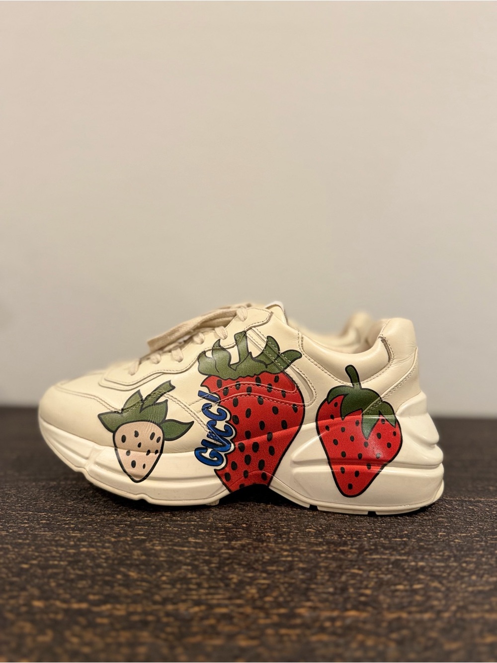 Gucci Cream Leather Sneakers with Red Strawberry Motif